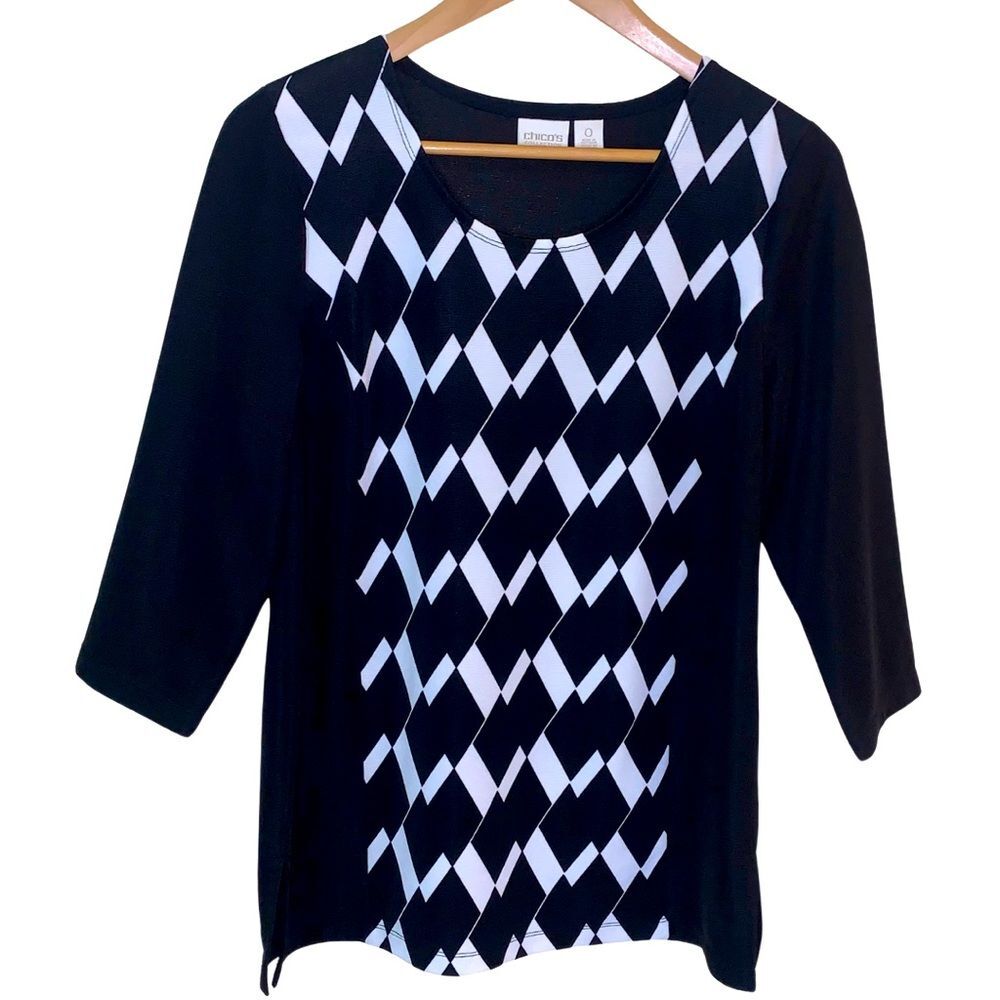 Chico's Black and White Geometric 3/4 Sleeves Top Size S
